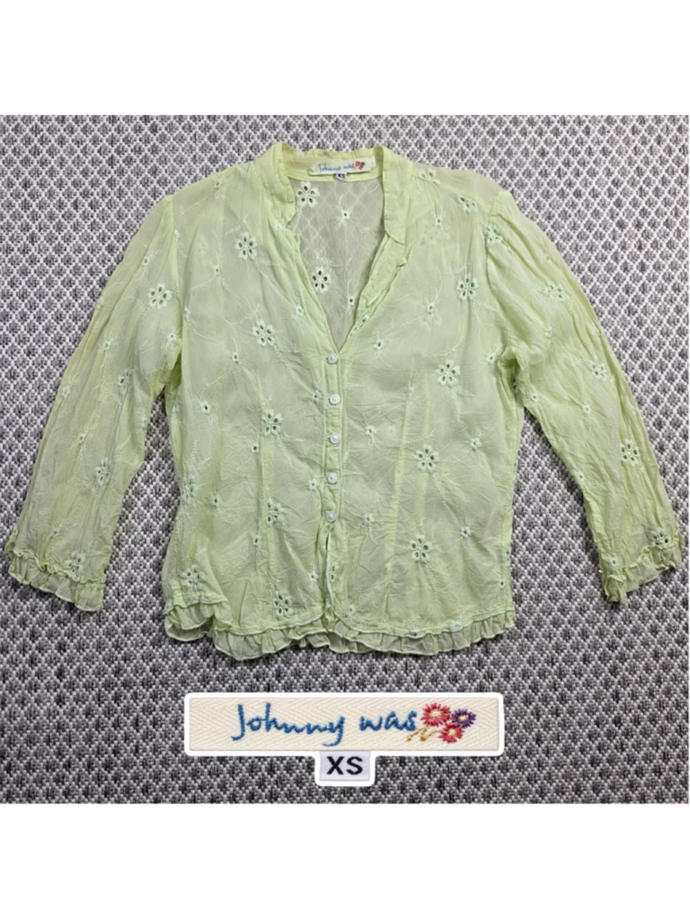 Johnny Was Womens XS Green Embroidered Eyelet Cupra Rayon Blouse Made USA